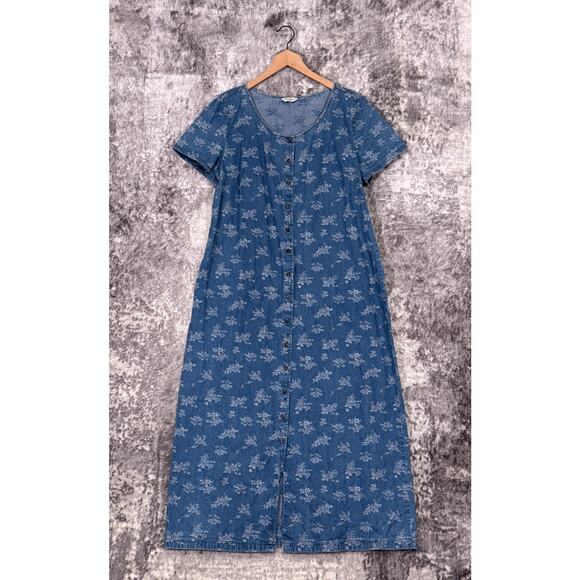 Vintage Eddie Bauer Dress XL Womens Floral Print Denim Button Front Maxi Cottage - Picture 1 of 7
